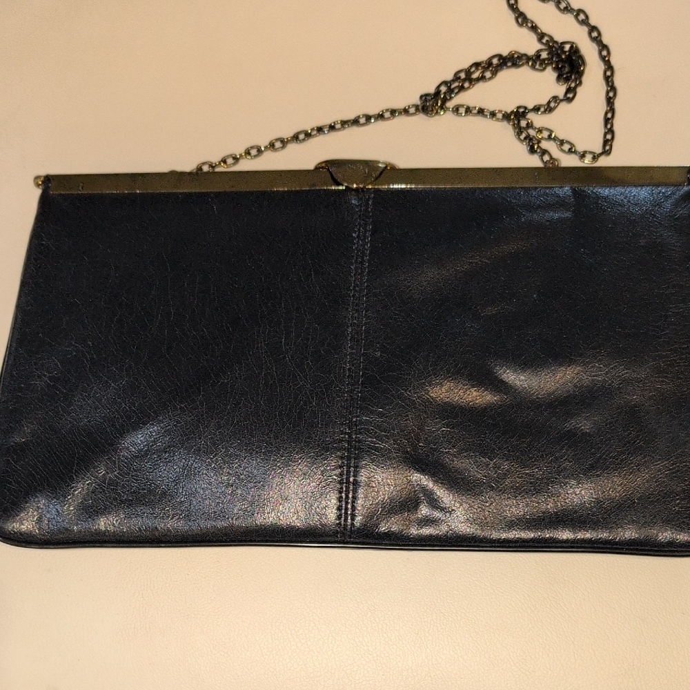 Vintage Black Leather Clutch with Chain